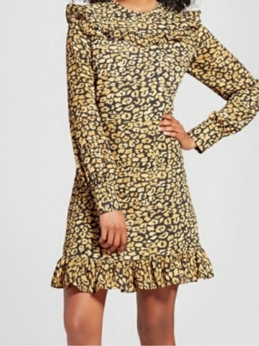 Who What Wear Yellow and Black Leopard Print Ruffle-Hem Long Sleeve Dress